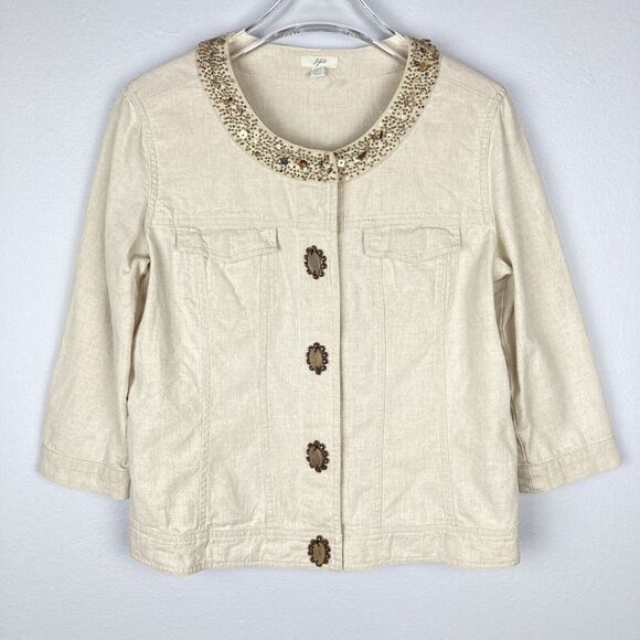 J Jill Jacket XS Petite Linen Cotton Blend Beaded 3/4 Sleeve Snap Front - Picture 1 of 8